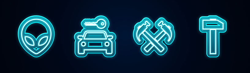 Set line Alien, Car rental, Two crossed hammers and Hammer. Glowing neon icon. Vector. © vector_v