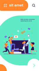 Angry boss with megaphone shouting at employees for missing deadline. Office workers running in chaos, panic and hurry. Vector illustration for overwork, project failure, stress at workplace topics