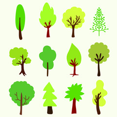 Fototapeta premium Collection of green summer trees. simple trees on white background. Natural Vector illustration.