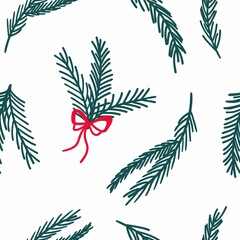 Fir tree seamless pattern. Holiday hand drawn green branches and red bows, winter traditional xmas holidays background, botanical decor textile fabric wrapping paper wallpaper vector texture
