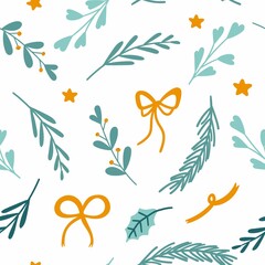 Christmas botanical seamless pattern. Holiday hand drawn leaves and yellow berries, fir tree branches, winter traditional xmas background, decor textile fabric wrapping paper wallpaper vector texture