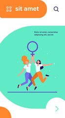 Two girls holding female symbol. Women with venus sign celebrating woman day flat vector illustration. Girl power, empowerment, feminism concept for banner, website design or landing web page