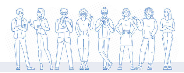 Group of diverse people, men and women of different races, phofessions and ages. Flat design thin line momochrome characters set. Vector illustration.