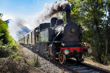 Vintage steam train with ancient locomotive and old carriages runs on the tracks in the countryside - 385091336