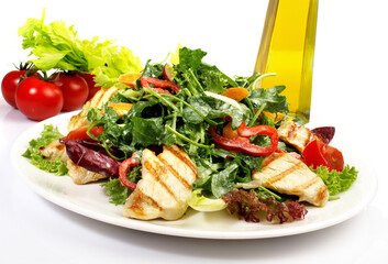 Mixed Salad with Spinach and Rocket Salad with Grilled Chicken isolated on white Background