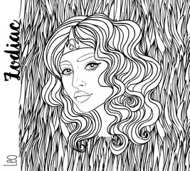 Illustration of Leo astrological sign as a beautiful girl. Zodiac vector drawing isolated in black and white. Future telling, horoscope, alchemy, spirituality. Coloring book for adults.