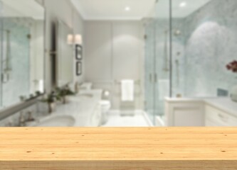 Empty wooden table in front of the blurred bathroom in the background
