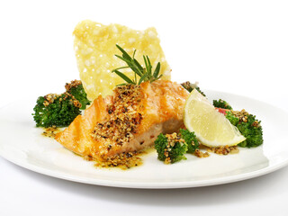 Grilled Salmon Steak with Broccoli, mashed Potatoes Cheese Cracker isolated on white Background