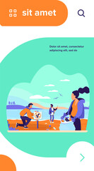 Group of young volunteers collecting trash on ocean beach flat vector illustration. Ecology and clean planet concept. People cleaning environment nature together