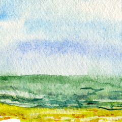 Summer tropical beach with golden sand and waves. Hand drawn watercolor illustration