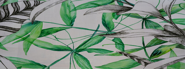 Green white seamless pattern with tropical leaves and flowers , tile / wallpaper / textile wall...