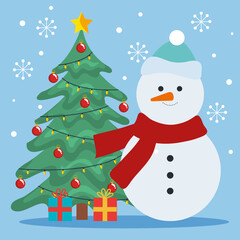merry christmas pine tree with gifts and snowman design, winter season and decoration theme Vector illustration