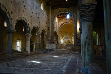 San Pietro Gothic church inside view with filtering light, Tuscania, Viterbo, Lazio, Italy