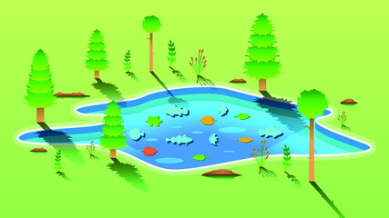 Fototapeta na wymiar Abstract Ilustration Water Pond Color With Fishes Trees Plants Grass Stones Background Vector Design Style Nature Landscape
