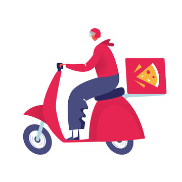 Pizza Delivery Man on a Red Scooter Taking Food. Online Order. Vector Illustration of a Guy in a Red Uniform.