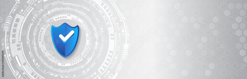 Poster Internet security concept with shield and hi-tech technology elements background. Cybersecurity and information or network protection.