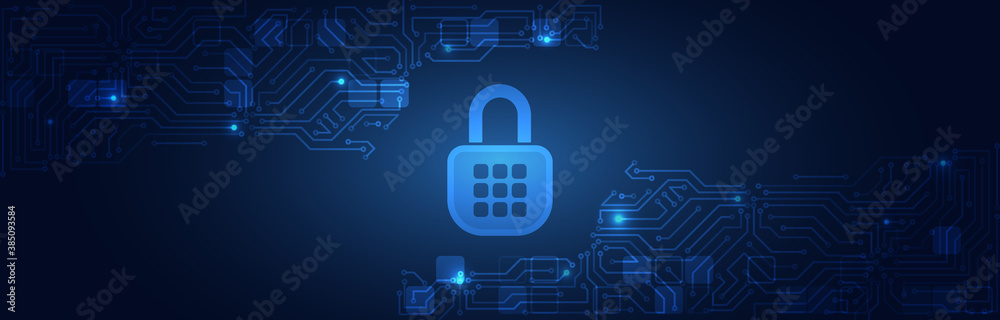 Aufkleber Internet security technology concept for business. Confidential data protection. Cybersecurity or information privacy idea. Padlock on the blue circuit board background.
