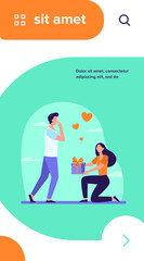 Woman giving gift to her boyfriend. Girl with present box getting down on one knee flat vector illustration. Love, special date concept for banner, website design or landing web page