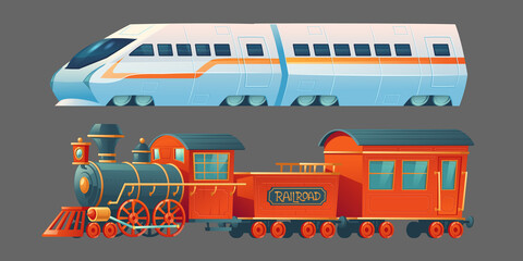 Old and modern trains, antique steam railroad transport and contemporary subway locomotive, city railway commuter transportation side view isolated on grey background. Cartoon vector illustration