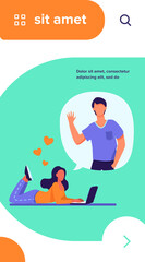 Romantic woman chatting with boyfriend via laptop. Computer, boyfriend, couple flat vector illustration. Communication and love concept for banner, website design or landing web page