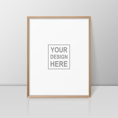 Vector 3d Realistic A4 Brown Wooden Simple Modern Frame on a Glossy White Shelf or Table with Reflection Against a White Wall. It can be used for presentations. Design Template for Mockup, Front View