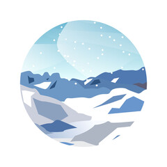 Winter mountain landscape. Snowy valley. Editable vector illustration badge