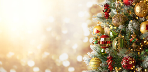 Christmas Tree with colourful Baubles and Decorations. Festive Christmas or New Year concept with bright bokeh and copy space.