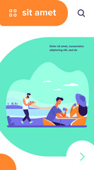 Young couple drinking coffee near lake. Date, sea, cafe, relaxing flat vector illustration. Weekend and nature concept for banner, website design or landing web page