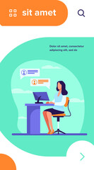 Woman working, typing and sending messages. Work, table, computer flat vector illustration. Workplace and communication concept for banner, website design or landing web page