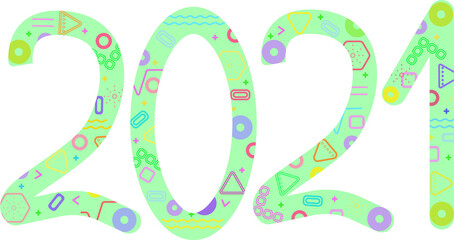 Inscription 2021 on a green background with different shapes