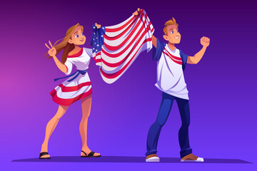People holding USA flag at demonstration, political rally or national celebration. Vector cartoon illustration of man and woman with flag of United States of America. American patriotic activists