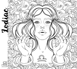 Illustration of Libra astrological sign as a beautiful girl. Zodiac vector drawing isolated in black and white. Future telling, horoscope, alchemy, spirituality. Coloring book for adults.