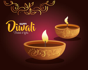 Happy diwali diya candles with ornament on purple background design, Festival of lights theme Vector illustration