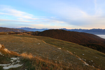 Fototapeta na wymiar Sunrise at Mount Pizzoc in Italy