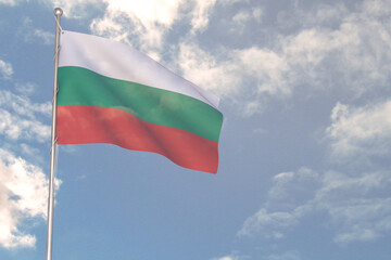 Fototapeta na wymiar 3d rendering of National Flag concept. Flag of Bulgaria waving in wind. Blue cloudy sky on background. 