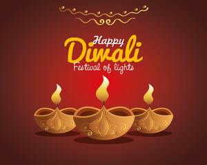 Happy diwali diya candles with ornament on red background design, Festival of lights theme Vector illustration