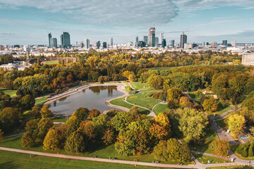 Autumn in Mokotowskie field, Warsaw distant city center aerial view in the background