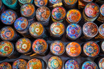 Collection of Traditional Turkish ceramics on sale at the Bazaar in Antalya, Turkey. Colorful ceramic souvenirs