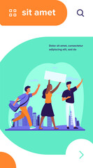 Young people with banner at social meeting. Opinion, crowd, cityscape flat vector illustration. Politics and democracy concept for banner, website design or landing web page
