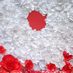 background with white and red paper 3D decorative flowers with space for text. background greeting card