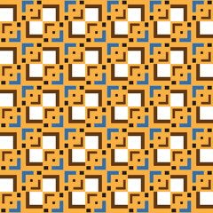 Vector seamless pattern texture background with geometric shapes, colored in yellow, brown, blue, white, black colors.
