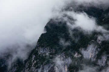 Dramatic and mysterious fog over forest and mountains in Bohinj, Slovenia