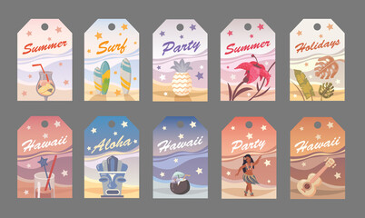 Flat vector summer tag in Hawaiian style. Party, surf, holidays, aloha. Flat vector illustration can be used for presents, goods, decorations, labels