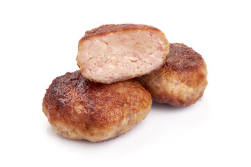 Grilled cutlets, fried meatballs, isolated on white background