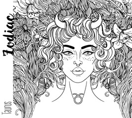 Illustration of Taurus astrological sign as a beautiful girl. Zodiac vector drawing isolated in black and white. Future telling, horoscope, alchemy, spirituality. Coloring book for adults.