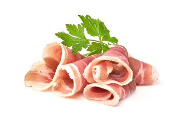 Salted bacon slices, pork lard, close-up, isolated on white background