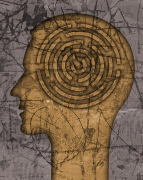 Man profile,Labyrinth of difficult life.
Male head stylized silhouette on the scratched wall with maze symbolizing life stories.