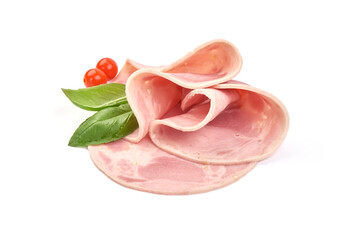 Boiled Ham Slices, close-up, isolated on a white background