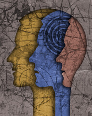 
Schizophrenia male head silhouette.
Illustration with three stylized male heads on grunge texture symbolizing schizophrenia Depression,bipolar disorder.