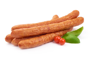 Smoked pork sausages, close-up, isolated on white background